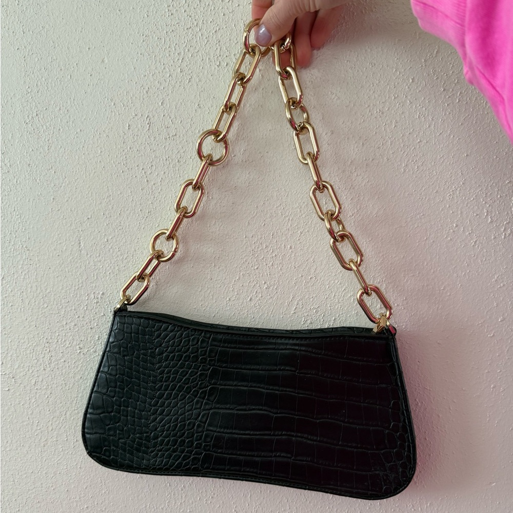 Black Croc-Embossed Shoulder Bag with Gold Chain